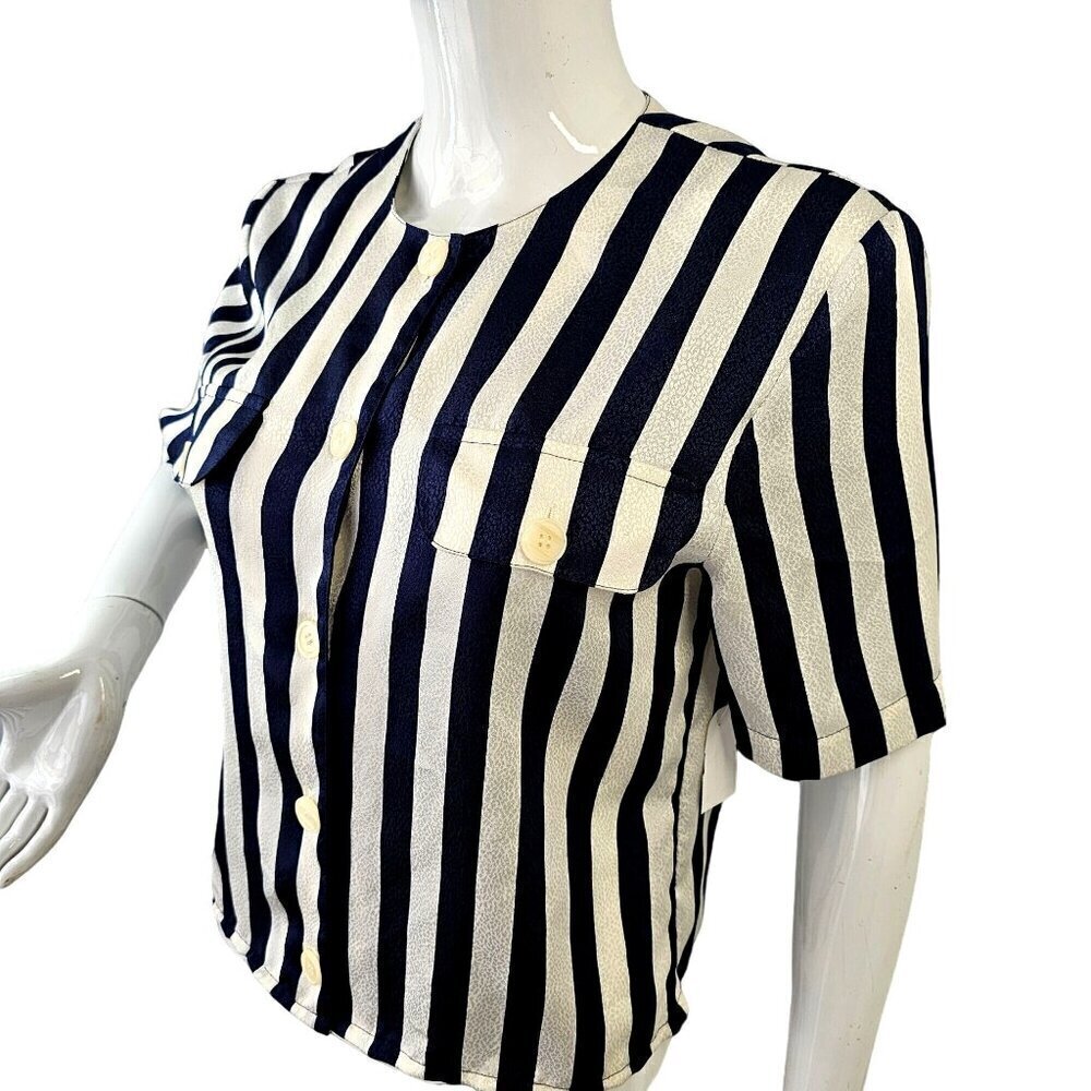 La Chine Petites Galinda Wang Striped Button-Up Shirt 6P Navy Silver Stripes 80s
